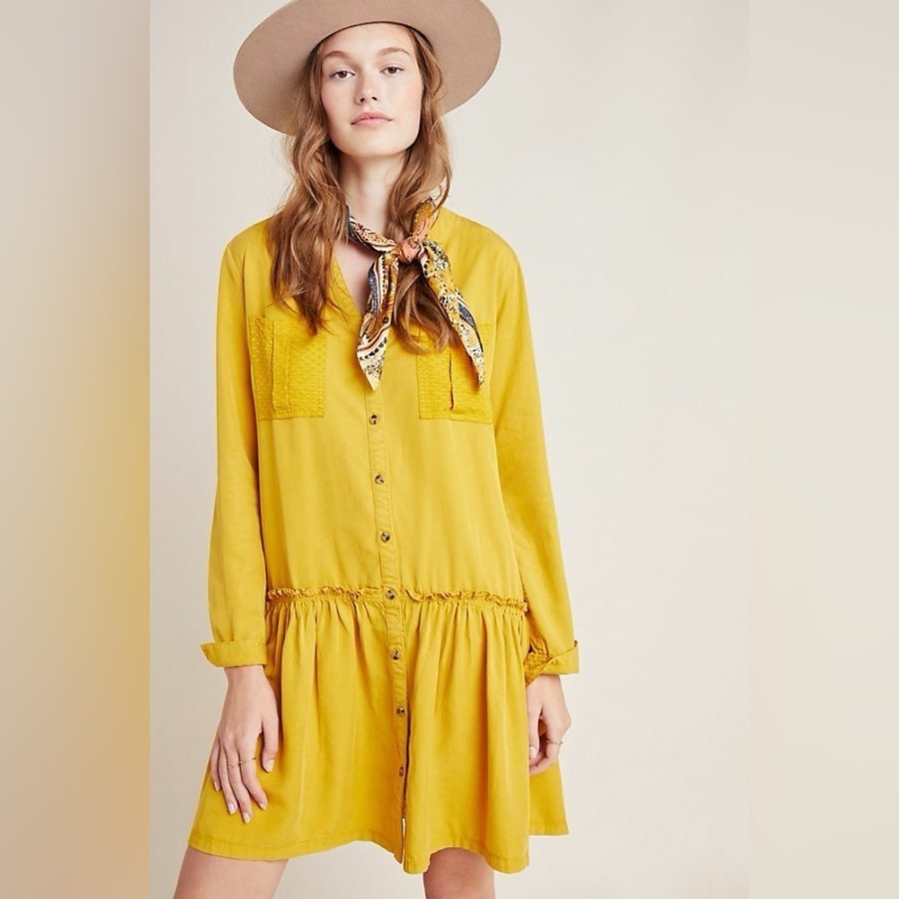 Maeve Anthropology Marlie Bohemian Yellow Button-Down Long sleeve Dress 2